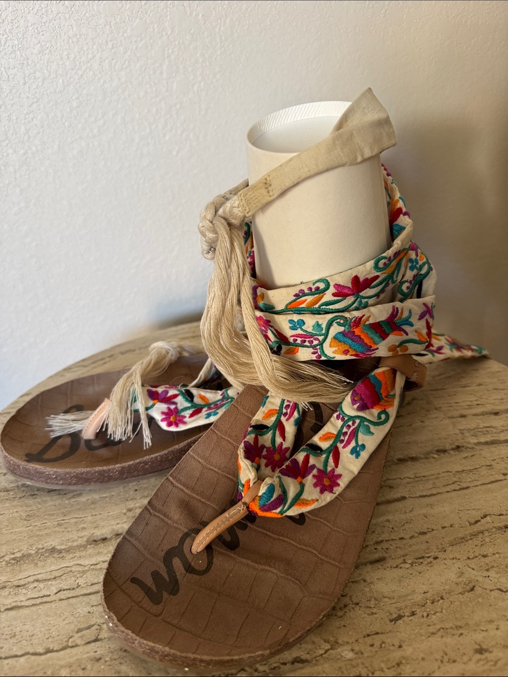 Sam Edelman Floral Embroidered Wrap Sandals - Cream with Multicolor Embroidery